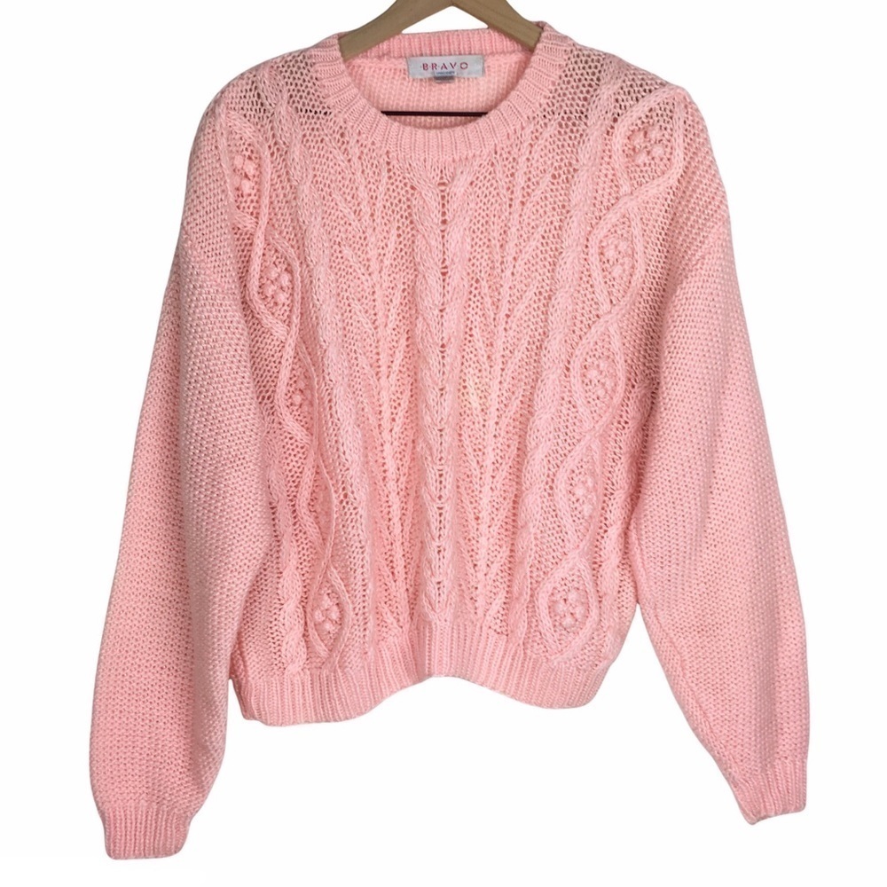 VINTAGE Sweater Handknit Cable Bubblegum Crew Cozy Coastal Cottagecore Large